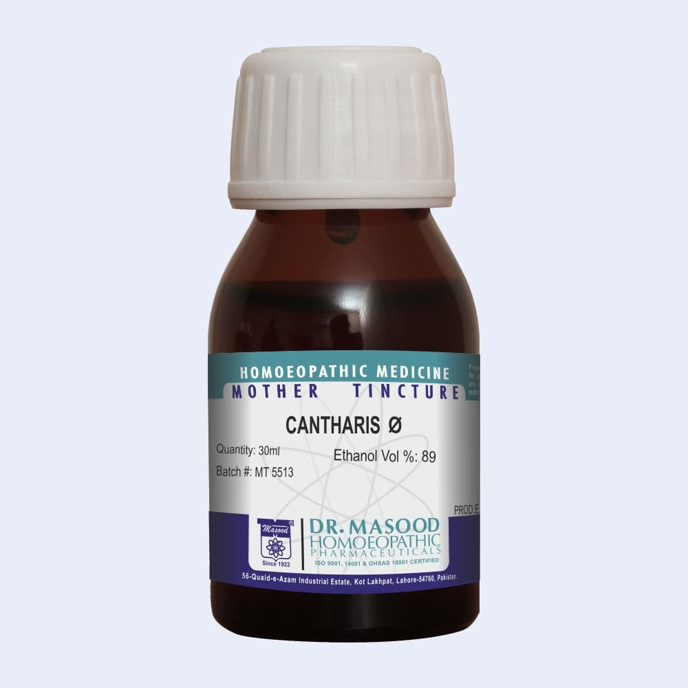Mother Tincture of Cantharis vesicatoria, sourced from Spanish Fly , prepared by Dr. Masood Homeopathic pharma Pakistan